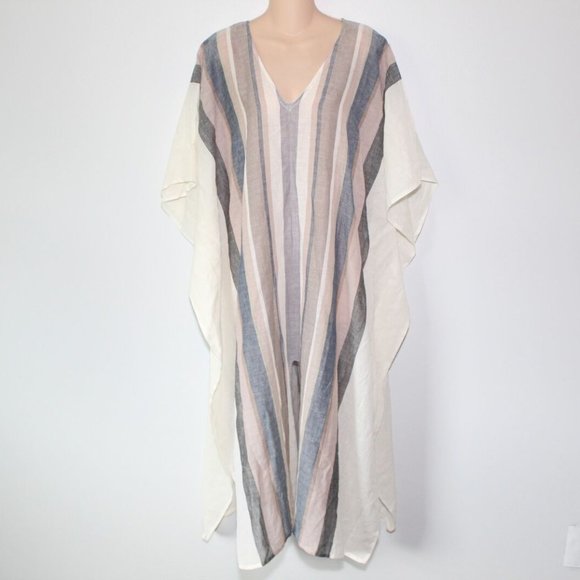 NWT ECHO Striped Beach Caftan Maxi Swim Cover White Tan Size L/XL H13276 - Picture 3 of 12